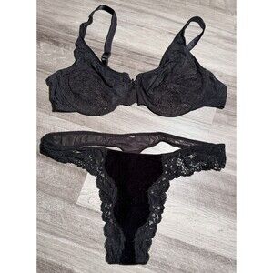 VTG Fashion Bug Bra Panties Set Size 42D Black Sheer Lace Velvet Sexy Lingerie
